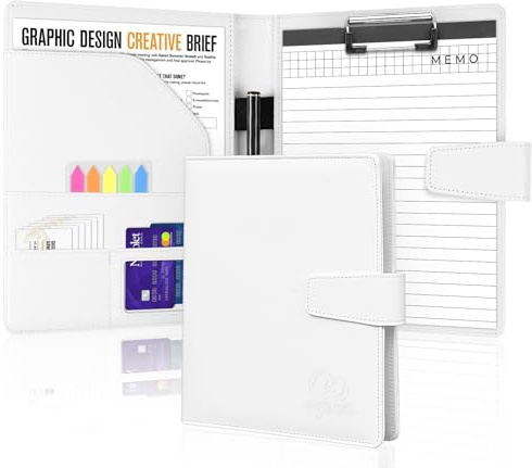 Agoer DIN A5 Portfolio Folder,Clipboard Folder Faux Leather Conference Folder with Legal Pad,A5 Clip Board with Magnetic Cover Storage with Sticky Arrow Tabs & Pen for Work Business Document,White