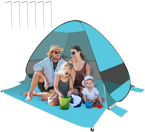 Tenda da Spiaggia Pop Up, Tenda da Spiaggia Portatile con Protezione Solare UPF 50+ per 2-4 Persone, Tendalino da Mare Pieghevole per Vacanza in Spiaggia Campeggio, Include Borsa, 200X165X137CM