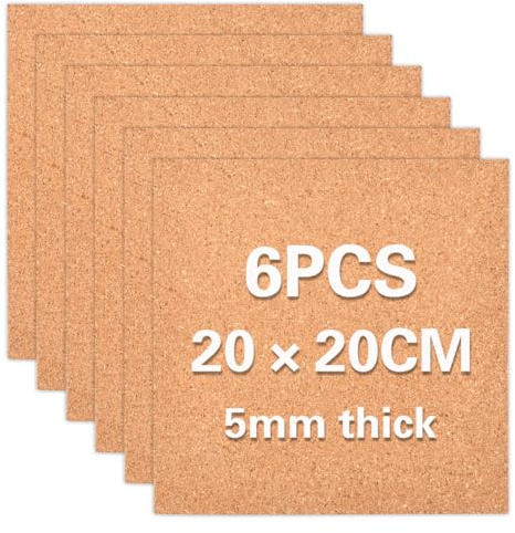 BATINO Lot de 6 tableaux en liège autocollants de 20 x 20 cm pour murs, tableaux en liège de 5 mm d'épaisseur, carreaux en liège autocollants pour la maison, le bureau, l'école, les décorations de