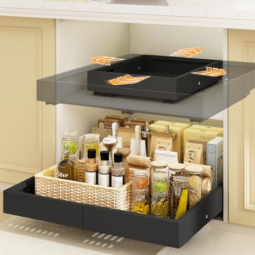 Mointal 2 Pezzi Cassetto Estraibile per Cucina 4 Direzioni, Cassetto Telescopico con Adesivo/Viti, Organizzatore per Mobili da Cucina, Larghezza 32-53 cm e Profondità 41,5-61 cm, Nero