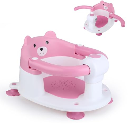 Nastopee Badewannensitz Baby ab 6 Monate, Wissenschaftlicher Wirbelsäulenschutz, Mit 4 Starke Saugnäpfe und Kissen, Klappbare Armlehnen, Ab 6 Monatefür Kleinkinder und Neugeborene (rosa)