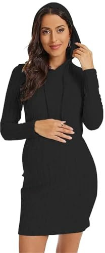 KBLDOPN Abiti for la gravidanza Vestiti premaman rilassanti Autunno Colore unito Maglia con cappuccio Abito quotidiano Gonna attillata Vestiti da donna(Black,L)