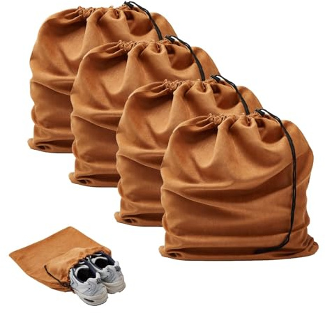 Skoväskor för resa, 4 Pack Flannel Portable Skor Förvaringsväskor Organisator med snör, 45 x 35 cm, Tvättbara och återanvändbara förpackningsväskor för män Kvinnor, Brun