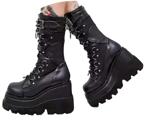 Generisch Botas de mujer con plataforma de cuña alta, botas de invierno góticas, punk, con cordones, vintage, gruesas, zapatos de tacón alto, otoño, invierno, ocio, botas largas, botines con