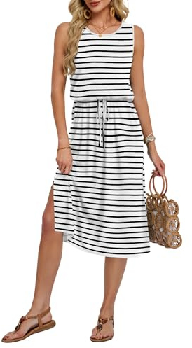 AUSELILY Sommarklänning, dam, ärmlös, midi, strandklänning, dragsko, klänning, slits, lätt, luftiga klänningar, dam, med fickor, XL