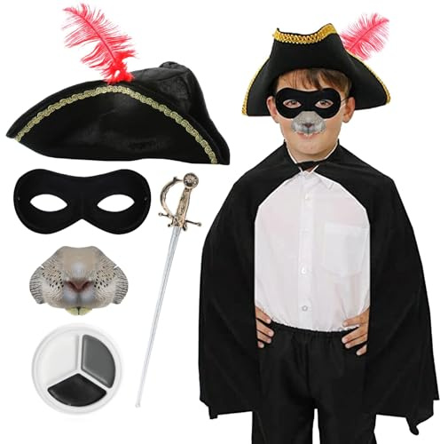 Highwayman gnagardräkt för barn – svart cape, tricorn-hatt med fjäder, elastisk ögonmask, råttnäsa och plastsvärd – perfekt för världsbokdagen, halloween och kul för att klä upp sig