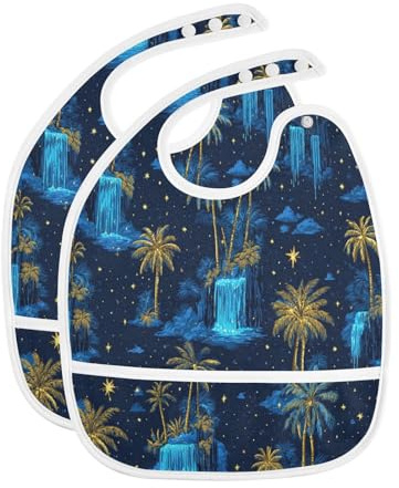 Caikeny Baby Feeding Bibs Blue Gold Palm Trees Waterfalls Infant Drooling Bibs Food Bibs with Pocket for Toddler Girls Boys Set of 2