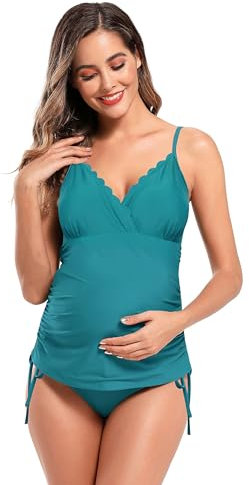 SHEKINI Damen Schulterträger Umstandstankini Set Triangel Welliges Oberteil mit Hollow Bändchen Schwarz Hose Dekolltee Gepolsterter Zweiteiliger Schwangerschaftsbikini (M, Dunkelgrün)