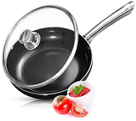 Frying Pan with Lid Non Stick Deep Sauté Pan, Stainless Steel Induction Base for All Hobs Ceramic Ovenproof Dishwasher Safe (Black, 24 CM)