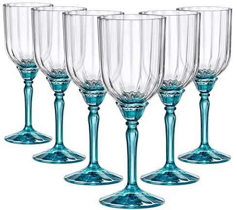 Bormioli Rocco 6 x Blue Florian Cocktail Glasses - Ancient Art Deco Glass Cocktail Wine Gin Margarita Drinking Cups Gift Set