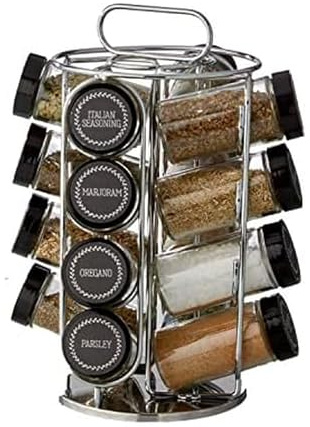 Kamenstein 16 Jar Montauk Revolving Countertop Spice Rack Organizer with Spices Included, FREE Spice Refills for 5 Years, Chrome with Black Caps