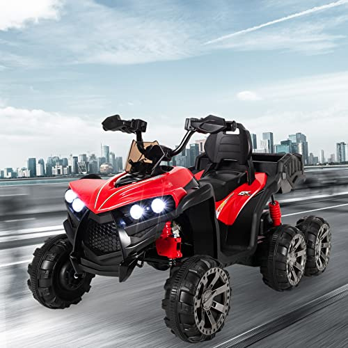Maxmass Kids Electric ATV, 12V Battery Powered Ride on Quad Bike with Back Trunk, LED Lights, Music, Story and USB, 6 Wheels Vehicle Toy Car for 3 + Years Boys Girls (Red)