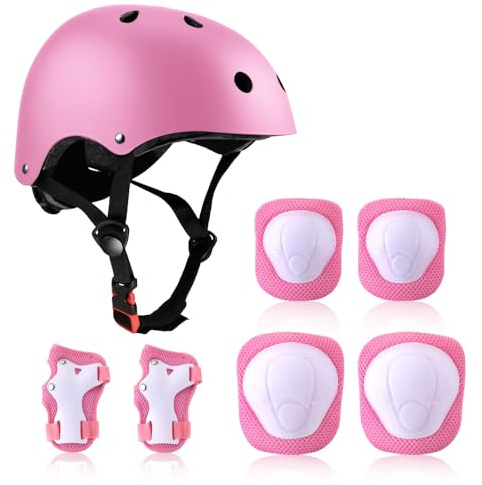 Genouillères Enfants 7 en 1 Set, Casque 3-7 Ans pour Skateboard, Vélo, Roller (Rose)
