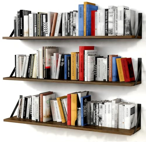 Forbena Floating Book Shelves for Wall Set of 3, 36 Inches Long Wall Bookshelf for Bedroom, Large Wood Heavy Duty Hanging Bookshelves for Books, Living Room Decor, Closet Storage (Rustic Brown)