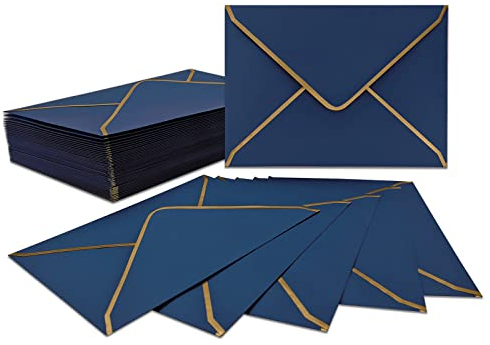 50 Stücke Einladungumschläge, Blaue Luxuriöser Umschläge 18.5x13.5cm Miniatur Kuverts 5x 7 Umschläge mit V-Klappe Briefumschläge Goldfolienrand für Hochzeiten, Einladungen, Party, Grußkarten