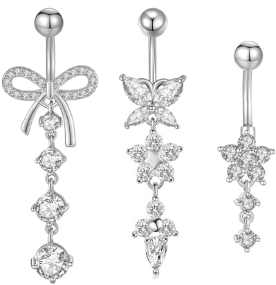 Besyvvin 3er Silber Bauchnabelpiercing 10mm Chirurgenstahl Herz Blume Schmetterling Anhänger Bauchpiercing Piercing Bauchnabel Schmuck Damen