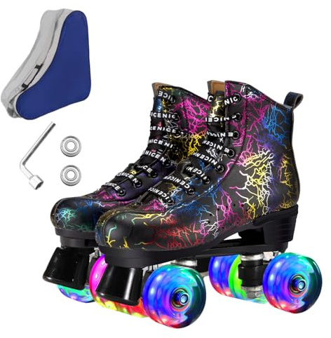 ugboiu Roller Skates for Men and Women, Black Derby Roller Skates with 4 Shiny Wheel, Classic Double-Row Roller Skates for Indoor and Outdoor