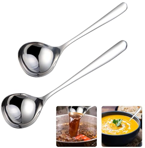 MININUSI 2 Pezzi Cucchiai da Zuppa in Acciaio Inox,Cucchiaio da Salsa,SUS 304 Cucchiai da Zuppa,Cucchiai da Zuppa da 20 cm e 17cm,Profondo da Cucina per Argento Mestolo,per Casa,Ristorante,Cucina
