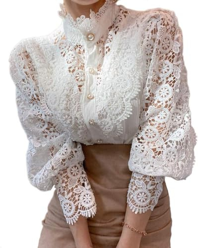 LLECDASEUI Blusa De Manga Larga Con Encaje Para Mujer, Camisas Victorianas Con Botones, Elegantes, Informales, Bohemias, Para Trabajo, Primavera (S,Blanco)