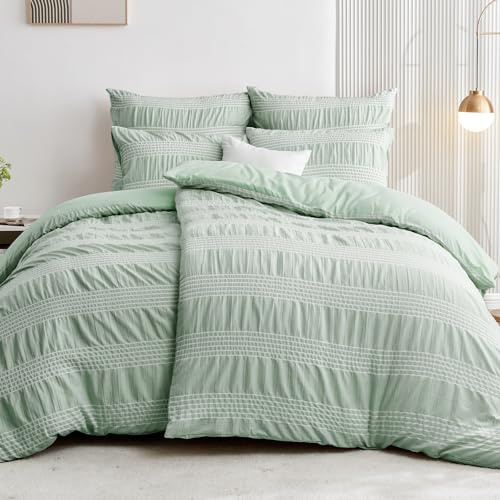Qucover Seersucker Bettwäsche 155x220 Grün 4teilig Weiß Gestreift, Mikrofaser Bettwäsche-Sets, 2 Bettbezügen 135x200cm + 2 Kissenbezüge 80X80cm, Bügelfreie Bettwäsche mit Reißverschluss