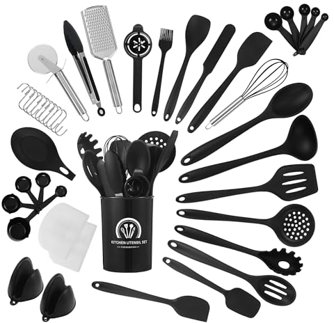 Set Utensili Cucina Silicone da 43 Pezzi. Set Mestoli Cucina Silicone è resistente alle alte temperature e antiaderente. Set Cucina Utensili color Nero, lavabile in lavastoviglie