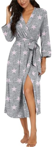 PrinStory Dressing Gown For Women Lightweight 3/4 Sleeve V Neck Long Kimono Robes Ladies Bathrobe Soft Sleepwear Loungewear (Pink Star, XXL)
