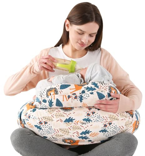 Labtec Baby Stillkissen zum Stillen, Multifunktionales Stillkissen mit verstellbarem Bauchgurt und Sicherheitszaun, 100% Baumwolle & Abnehmbarer Kissenbezug, Löwe Muster