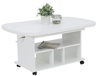 Hela Tische, Funktionscouchtisch Babsi, Holzwerkstoff melaminbeschichtet, Weiß, höhenverstellbar 53-63 cm, ausziehbar 107-157 cm, auf Rollen