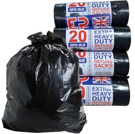 Heavy Duty Black Refuse Sacks Strong Rubbish Bags Bin Liners Large for Home Garden Kitchen House Office Caterers Rubbish 100% Recycled Material (20)