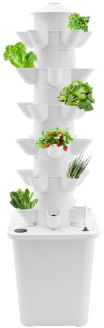 DCSYOG 30 Löcher Hydroponik-Turm, 6 Etagen Hydroponic System, Erdloses Anbausystem mit Hydratisierungspumpe, Garden Aeroponics Growing Kit für Kräuter, Obst und Gemüse (Weiß)