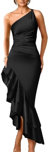 LAGSHIAN Women's Elegant One Shoulder Ruched Asymmetric Ruffle Satin Cocktail Party Maxi Dress Black