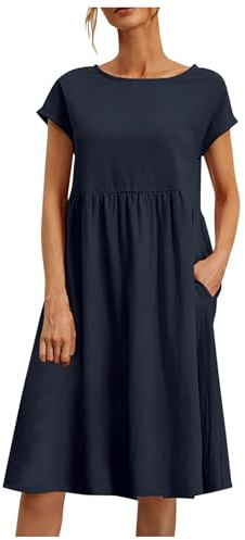 Xiaojiu Kaftan en Coton Et Lin Robe pour Femme, Chemisier Femmes Eté Coton Col en V Blouse Femme Robe Été T-Shirt Tunique Bohocourte Évasée T-Shirt Rayé Rouge Courte(152Marine,XXL)