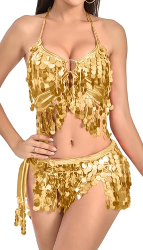 SEAUR Women Sequin Fringe Skirt Top Set Sparkly 2 Piece Belly Dance Outfit Adjustable Back Lace Up Hip Scarf Carnival Festival Party Stage Performance