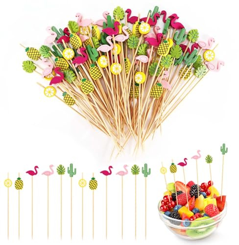 Vasmeiy 100 Piezas Palillos para Aperitivos, 12cm Brochetas de Cóctel de Madera, Palitos de Cóctel con Lindas Decoraciones, Decoración de Cócteles, para Fiestas, Bodas, Cumpleaños, Brochetas de Frutas