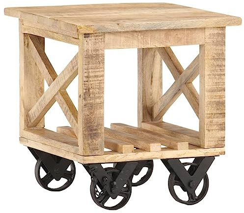 Tonture Tavolino con ruote, 40 x 40 x 42 cm, in legno di mango grezzo, fatto a mano, lucido e laccato, per soggiorno, camera da letto, ufficio