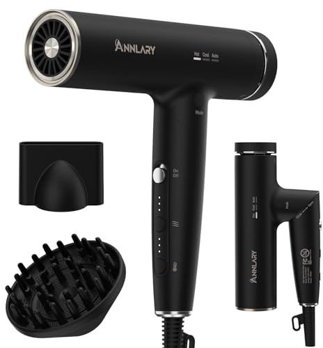 Annlary Hair Dryer, Blow Dryer with Diffuser for Curly Hair | Plasma Ionic Hairdryer for Frizz Control | Low Noise | Foldable for Travel | 6.5Ft ALCI Cord | Magnetic Nozzle for Faster Drying