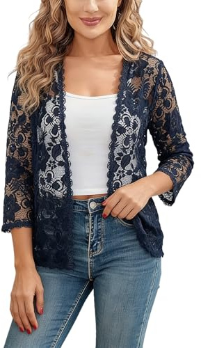 Bolero para Mujer Cárdigan De Encaje Chaqueta Elegante De Noche De Manga 3/4 para Boda Bolero Transparente Elegante Chaqueta Festiva para Primavera y Verano Azul Marino XXL