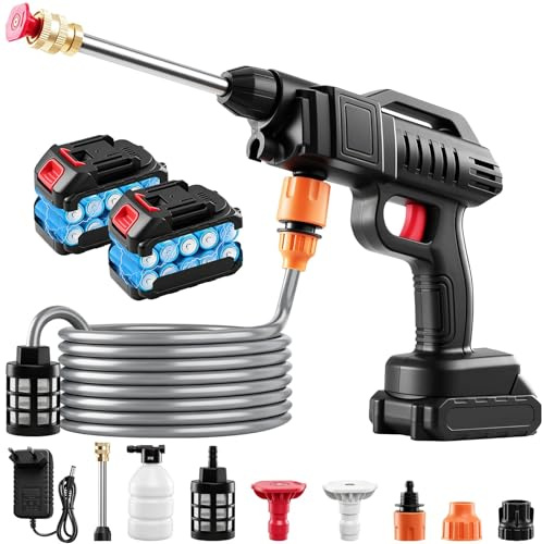 RugoTech Limpiador de alta presión con batería 1500W – inalámbrico con 2 baterías de 2000mAh, 21V, 64 Bar – incluye manguera de 5m, 3 boquillas ajustables y filtro – ideal para auto, flores, terraza y