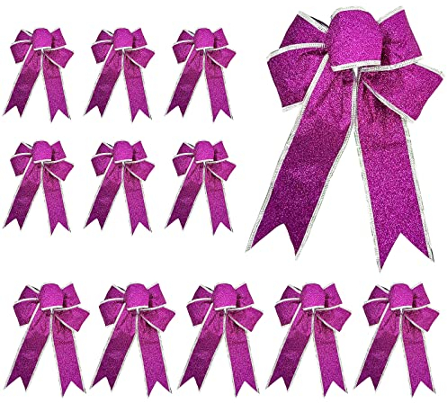Gardeningwill 12 Luxus 20 cm Glitzer Künstlicher Weihnachtsbaum Schleife Weiß Kränzen Decor Ornament, violett