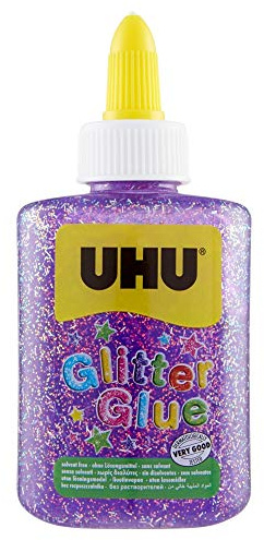 UHU Glitter Glue - Idéale loisir créatif, formule adaptée pour les enfants, lavable, violet, bouteille de 88,5ml