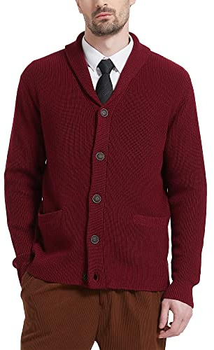 Kallspin Herren Wollschal-Kragen Strickjacke mit Knöpfen und Taschen(Burgund, L)