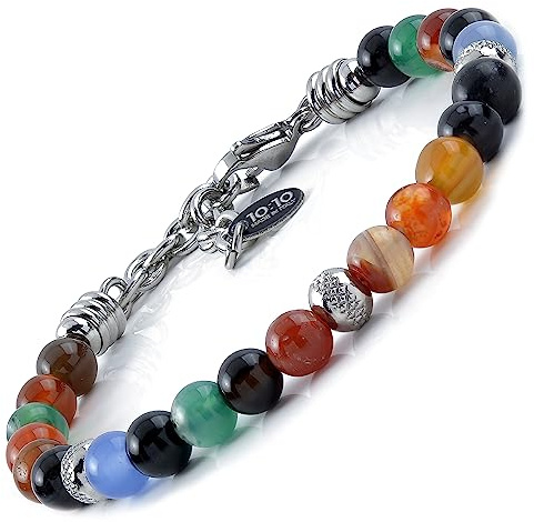 10:10 Bracciale Uomo Donna - Pietre Naturali Di Agata Multicolore, Beads in Acciaio Inox Diamantato - Stile Boho, Minimal, Classico - Regolabile, Elegante e Resistente - Made In Italy
