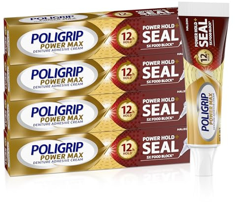 Poligrip Power Max Power Hold Plus Seal Lot de 4 crèmes adhésives pour prothèses dentaires pour une tenue sûre et une étanchéité alimentaire, sans saveur – 62,4 g