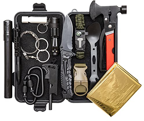 ALTAITREK PRO. Kit de Survie avec Couteau, Couverture Thermique, Silex, Hache Multifonctions, Lampe LED. pour Le Camping, Le Sauvetage. Le Seul kit avec Un Filtre à Eau d'urgence.