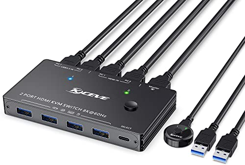 8K KVM HDMI Switch 2 Ports, KCEVE USB 3.0 KVM Switcher Box, Support 7680x4320@60Hz, 3840x2160@120Hz Resolution for 2 Computers Share Mouse Keyboard and Monitor
