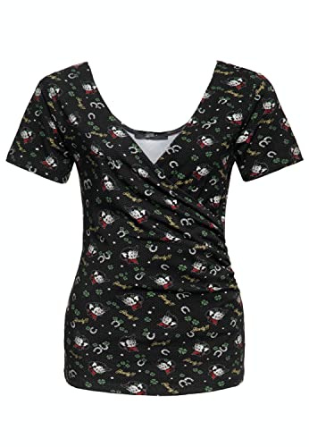 Queen Kerosin Maglietta vintage da donna | Top | Slim Fit | Stampa all-over | Maniche corte | Retro | Vintage | Western | Cowgirl | Quadrifoglio | Ferro di cavallo | Top avvolgente, Nero , S
