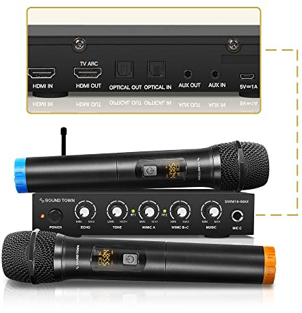 Sound Town Drahtloses Mikrofon-Karaoke-Mixer-System mit HDMI ARC, Optisch (Toslink), AUX, Unterstützt Smart TV, Media Box, PC, Bluetooth, Soundbar, Receiver (SWM16-MAX)