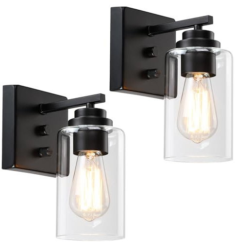 Pia Ricco Wall Sconces Set of Two, Bedside Wall Lamps with Rotary Switch for Bedroom, Modern Bathroom Light Fixtures with Clear Glass Shade, Black Sconces Wall Lights for Living Room, Hallway, Kitchen