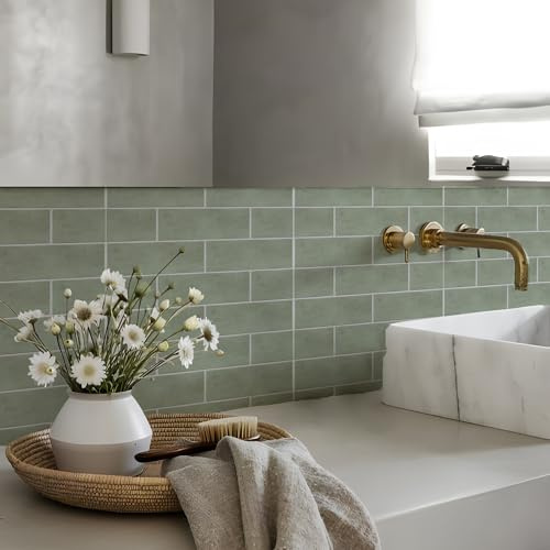 Alwayspon Tile Sticker, Sage Green Brick Self Adhesive Stick on Tiles Transfer Sticker for Bathroom Kitchen, Splashback, Peel and Stick Vinyl Floor Wall Tiles Sticker, 10PcsX20cm/8inch