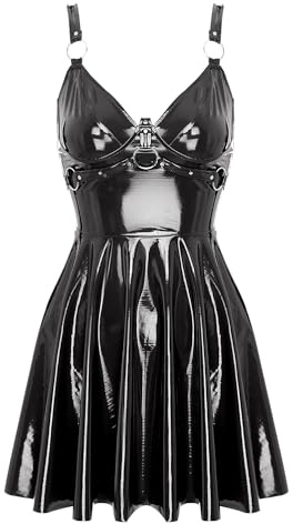 CHICTRY Damlack läderklänning wetlook miniklänning sexig kort ärmlös festklänning V-ringad corsage klänning googo dans rave kläder, svart, XL